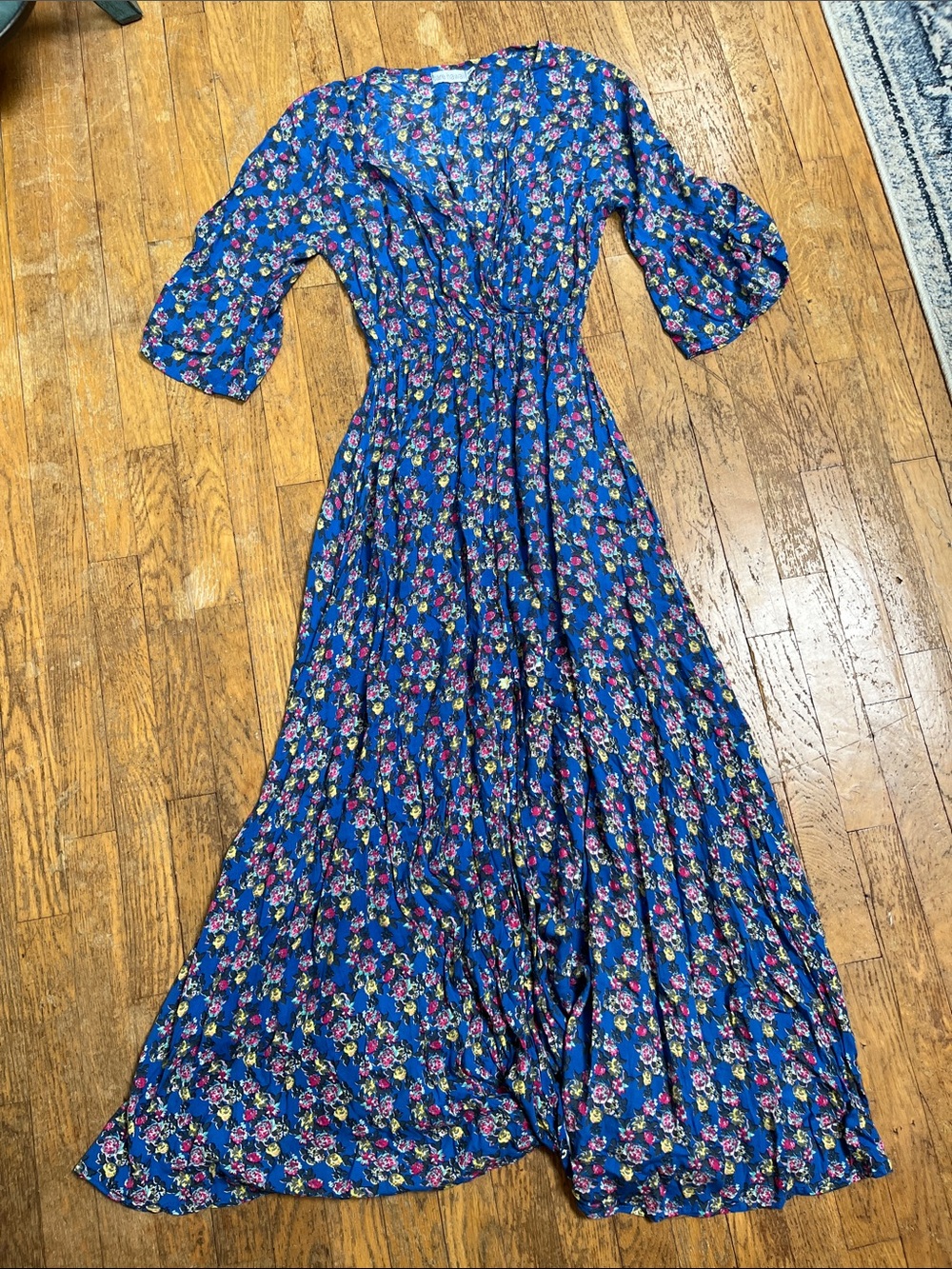 Tiare Hawaii Royal Blue Floral Maxi Dress with Pink and Yellow Blooms One Size
